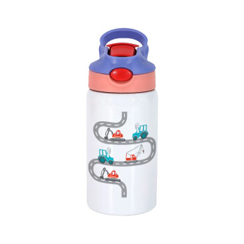 Αμαξάκια στον δρόμο, Παιδικό παγούρι θερμό, ανοξείδωτο, με καλαμάκι ασφαλείας, ροζ/μωβ (350ml)