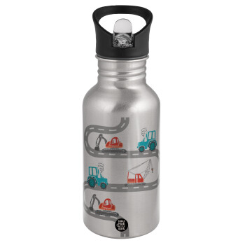 excavator along road, Water bottle Silver with straw, stainless steel 500ml