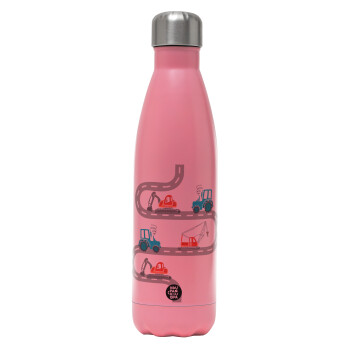 excavator along road, Metal mug thermos Pink Mat (Stainless steel), double wall, 500ml