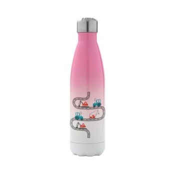 excavator along road, Metal mug thermos Pink/White (Stainless steel), double wall, 500ml