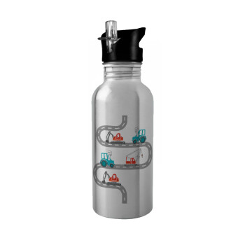 excavator along road, Water bottle Silver with straw, stainless steel 600ml
