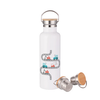 excavator along road, Stainless steel White with wooden lid (bamboo), double wall, 750ml