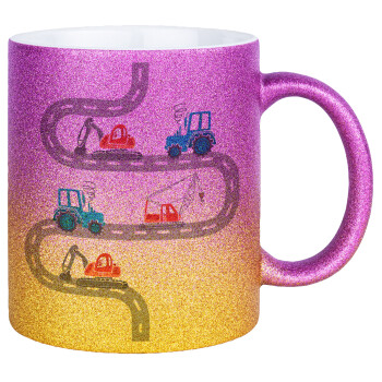 excavator along road, Κούπα Χρυσή/Ροζ Glitter, κεραμική, 330ml