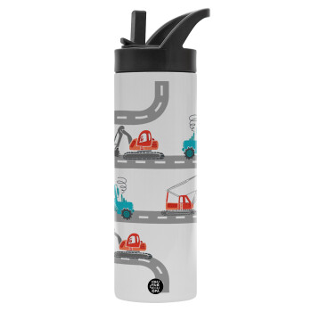 Αμαξάκια στον δρόμο, Μεταλλικό παγούρι θερμός με καλαμάκι & χειρολαβή, ανοξείδωτο ατσάλι (Stainless steel 304), διπλού τοιχώματος, 600ml