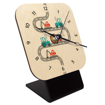 excavator along road, Quartz Table clock in natural wood (10cm)