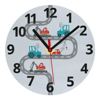 excavator along road, Ρολόι τοίχου γυάλινο (20cm)