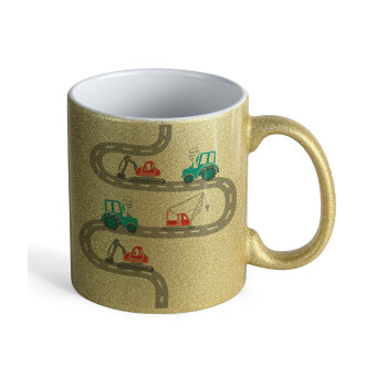 excavator along road, Κούπα Χρυσή Glitter που γυαλίζει, κεραμική, 330ml