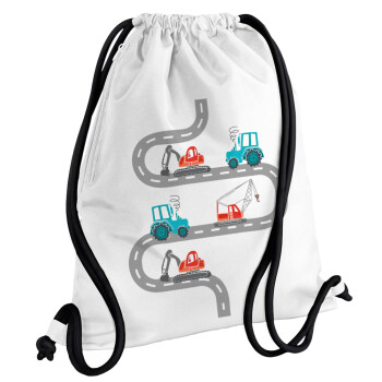 excavator along road, Backpack pouch GYMBAG white, with pocket (40x48cm) & thick cords