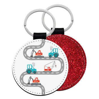 excavator along road, Μπρελόκ Δερματίνη, στρογγυλό ΚΟΚΚΙΝΟ (5cm)