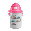 Αμαξάκια στον δρόμο, Ροζ παιδικό παγούρι πλαστικό (BPA-FREE) με καπάκι ασφαλείας, κορδόνι και καλαμάκι, 400ml