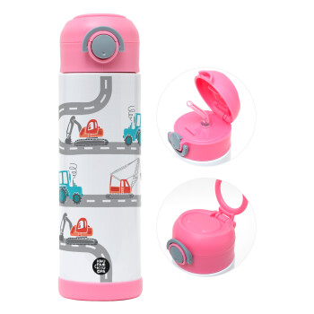 excavator along road, Children's hot water bottle, stainless steel, with safety straw, PINK (500ml)