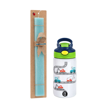 excavator along road, Easter Set, Children's thermal stainless steel bottle with safety straw, green/blue (350ml) & aromatic flat Easter candle (30cm) (TURQUOISE)