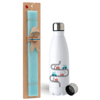 excavator along road, Easter Set, metallic stainless steel water bottle (750ml) & aromatic flat Easter candle (30cm) (TURQUOISE)