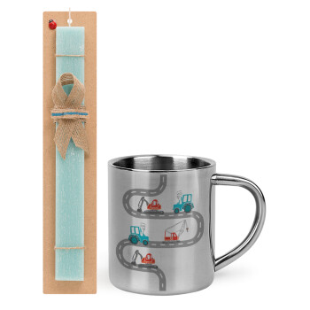 excavator along road, Easter Set, metallic thermal cup (300ml) & aromatic flat Easter candle (30cm) (TURQUOISE)