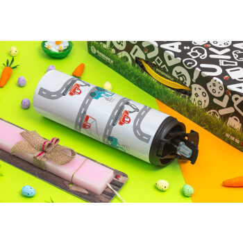 excavator along road, Easter candle,Travel Tumbler 2 Lids, with metal straw & cleaning brush & aromatic flat candle (30cm) (PINK)