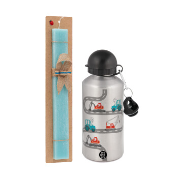 excavator along road, Easter Set, metallic silver aluminum water bottle (500ml) & scented flat Easter candle (30cm) (TURQUOISE)