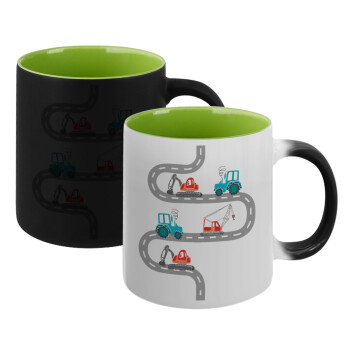 excavator along road, Κούπα Μαγική εσωτερικό πράσινο, κεραμική 330ml που αλλάζει χρώμα με το ζεστό ρόφημα