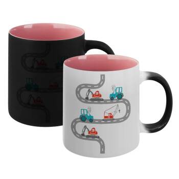 excavator along road, Κούπα Μαγική εσωτερικό ΡΟΖ, κεραμική 330ml που αλλάζει χρώμα με το ζεστό ρόφημα