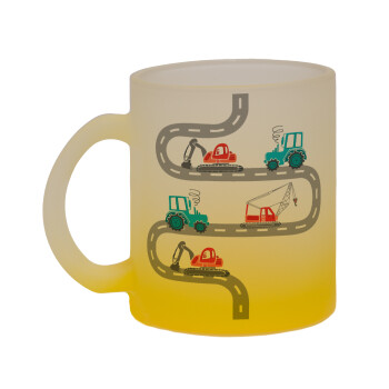 excavator along road, Κούπα γυάλινη δίχρωμη με βάση το κίτρινο ματ, 330ml