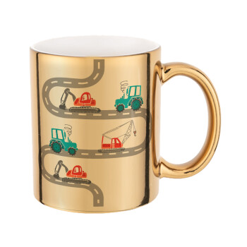 excavator along road, Mug ceramic, gold mirror, 330ml