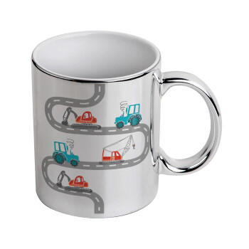 excavator along road, Mug ceramic, silver mirror, 330ml