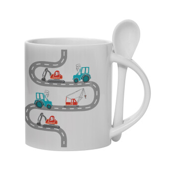 excavator along road, Ceramic coffee mug with Spoon, 330ml (1pcs)