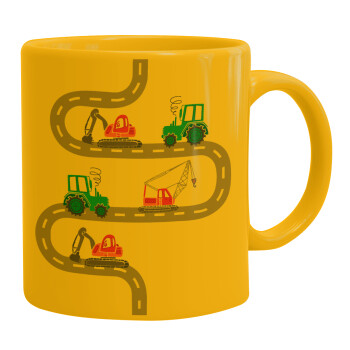 excavator along road, Ceramic coffee mug yellow, 330ml (1pcs)