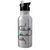 Water bottle Silver with straw, stainless steel 600ml
