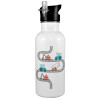 White water bottle with straw, stainless steel 600ml