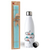Easter Set, metallic stainless steel water bottle (750ml) & aromatic flat Easter candle (30cm) (TURQUOISE)