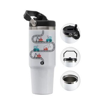 excavator along road, 30oz stainless Steel Tumbler with Handle