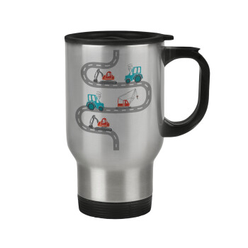 excavator along road, Stainless steel travel mug with lid, double wall 450ml