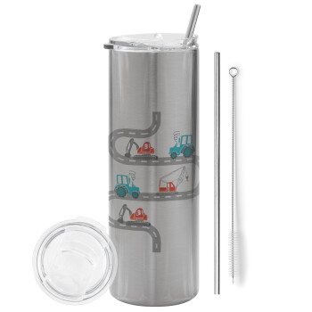 excavator along road, Eco friendly stainless steel Silver tumbler 600ml, with metal straw & cleaning brush
