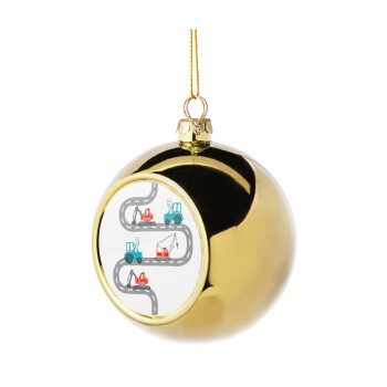 excavator along road, Golden Christmas tree ball ornament 8cm