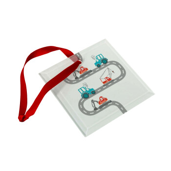excavator along road, Christmas ornament, glass square ornament 9x9cm