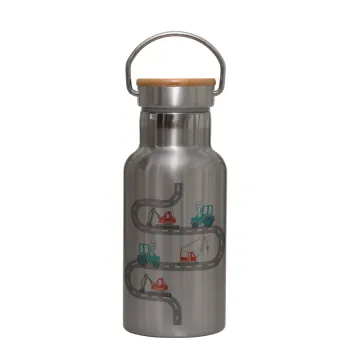 excavator along road, Stainless steel metallic thermos flask, silver with a bamboo lid, double-walled, 350ml.