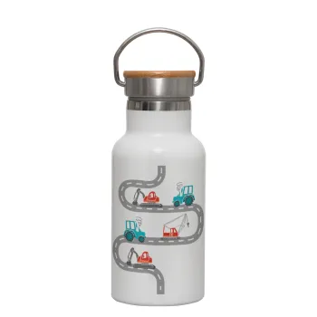 excavator along road, Metallic thermos (Stainless steel) White with wooden lid (bamboo), double-walled, 350ml
