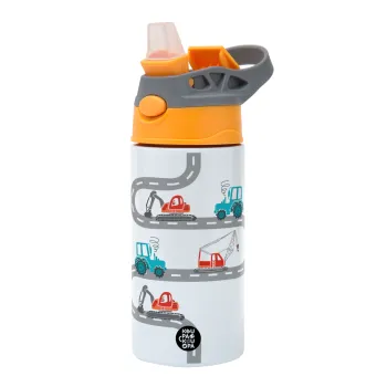 excavator along road, Children's hot water bottle, stainless steel, with safety straw, Orange/Grey (360ml) BPA-FREE