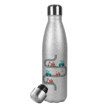 excavator along road, Metallic Glitter Silver Thermos Flask (Stainless steel), double-walled, 500ml