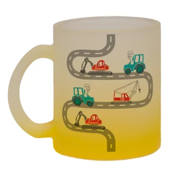 excavator along road, Κούπα γυάλινη δίχρωμη με βάση το κίτρινο ματ, 330ml