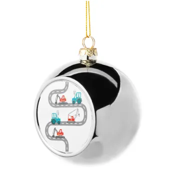 excavator along road, Silver 8cm Christmas tree ball ornament