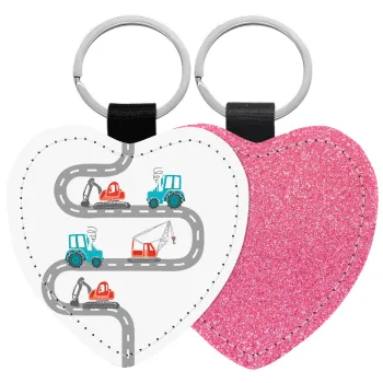 excavator along road, Μπρελόκ PU δερμάτινο glitter καρδιά ΡΟΖ