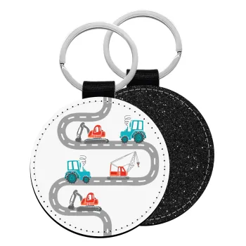 excavator along road, Μπρελόκ Δερματίνη, στρογγυλό ΜΑΥΡΟ (5cm)