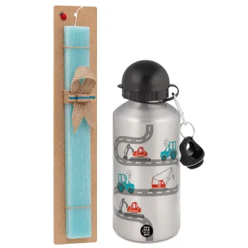 excavator along road, Easter Set, metallic silver aluminum water bottle (500ml) & scented flat Easter candle (30cm) (TURQUOISE)