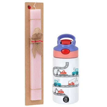 excavator along road, Easter Set, Children's thermal stainless steel water bottle with safety straw, pink/purple (350ml) & Easter scented flat candle (30cm) (PINK)