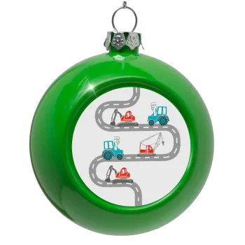 excavator along road, Green Christmas tree ornament bauble 8cm
