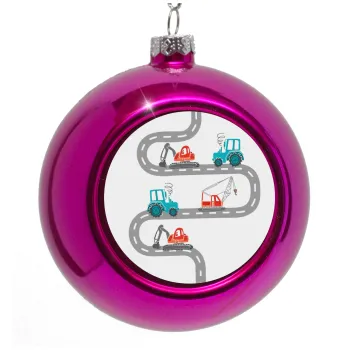 excavator along road, Purple Christmas tree ornament bauble 8cm