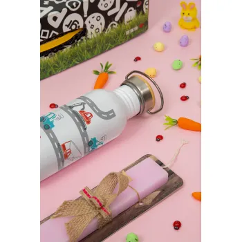 Αμαξάκια στον δρόμο, Πασχαλινή Λαμπάδα με παγούρι μεταλλικό (620ml, stainless steel) & κερί αρωματικό πλακέ (30cm) (ΡΟΖ)