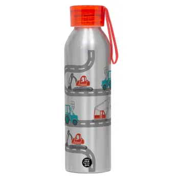 Αμαξάκια στον δρόμο, Αλουμινένιο Αθλητικό Μπουκάλι 650ml – Ασημί με Κόκκινο Καπάκι και Λουράκι Σιλικόνης