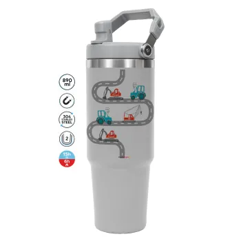 excavator along road, GREY color, 890ml (30oz) stainless Steel Tumbler with Handle
